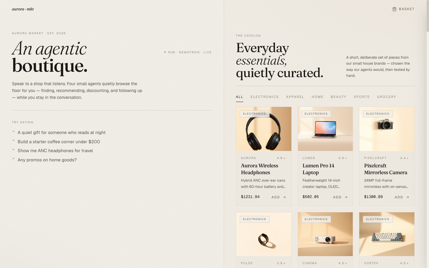 Aurora Market landing — left chat panel with brand wordmark "An agentic boutique," right product catalog grid
