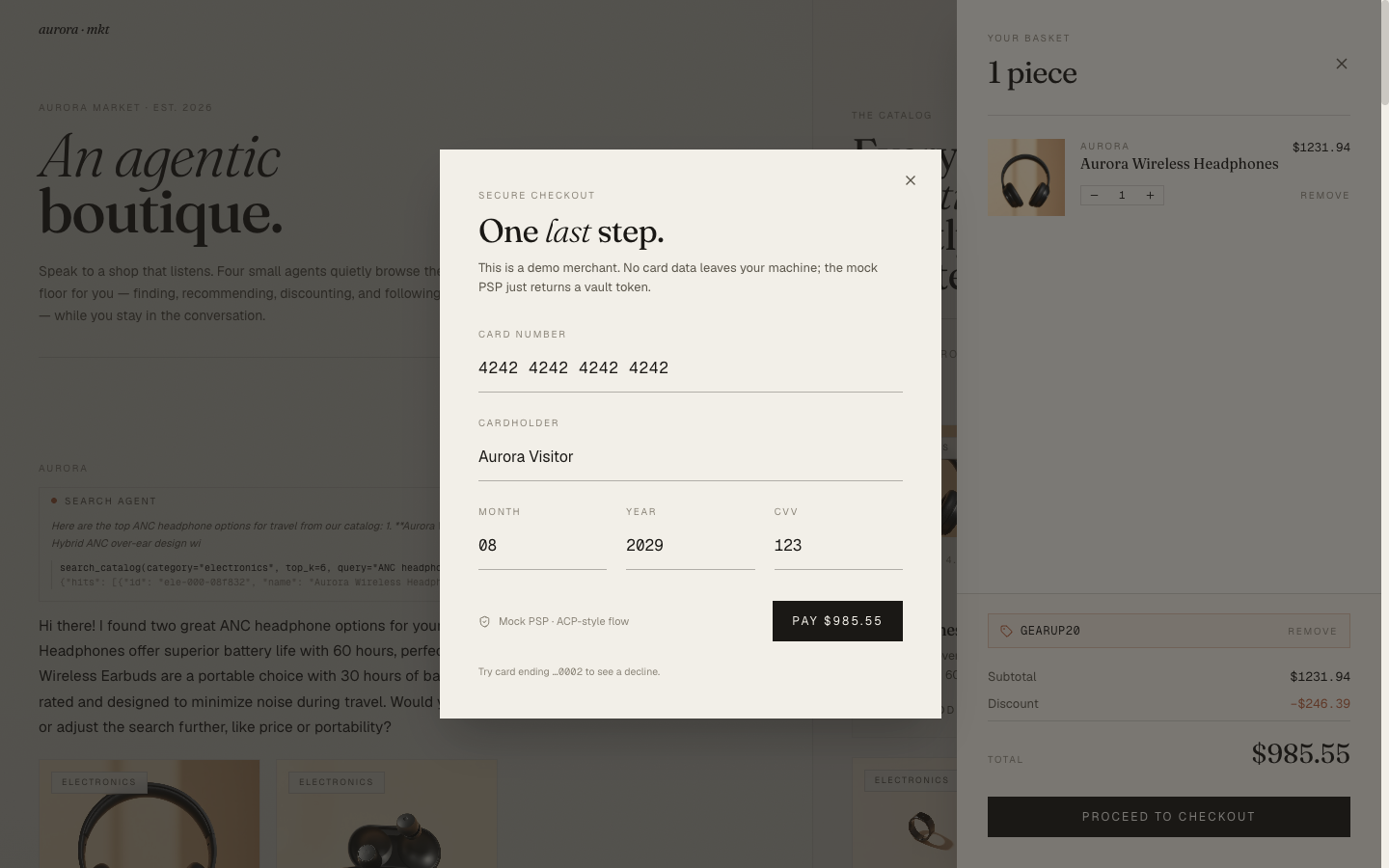 Checkout modal showing the editorial header, prefilled card form, Pay button at the bottom right