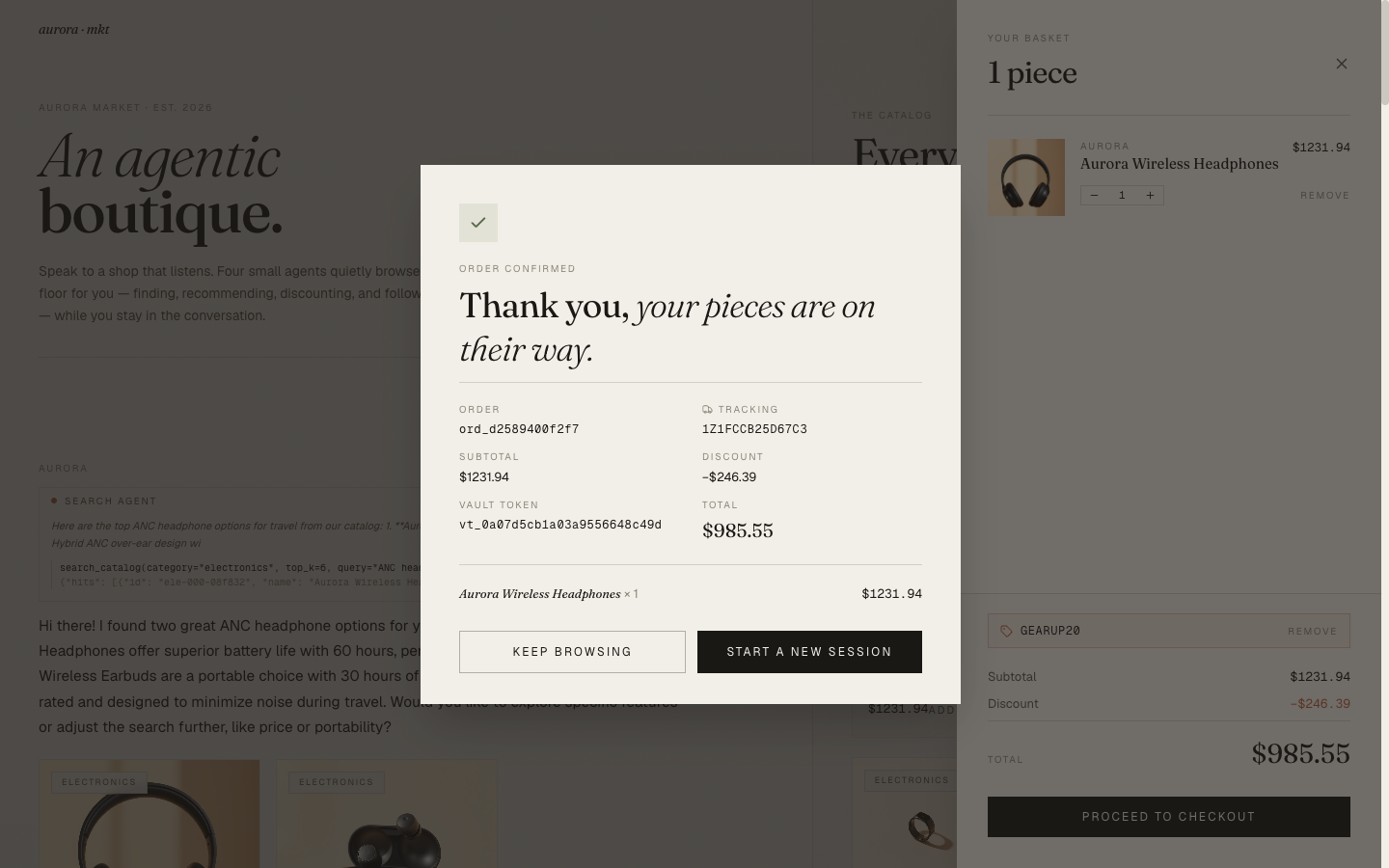 Order confirmation — Thank you, your pieces are on their way. Order id, tracking number, vault token, total