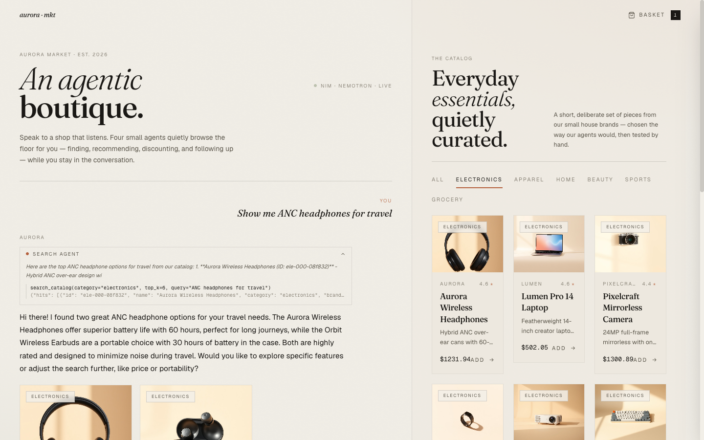 Three product photos as rendered in the catalog grid: an over-ear headphone, a silver laptop, a mirrorless camera. All look like real product photography, not stock landscapes.