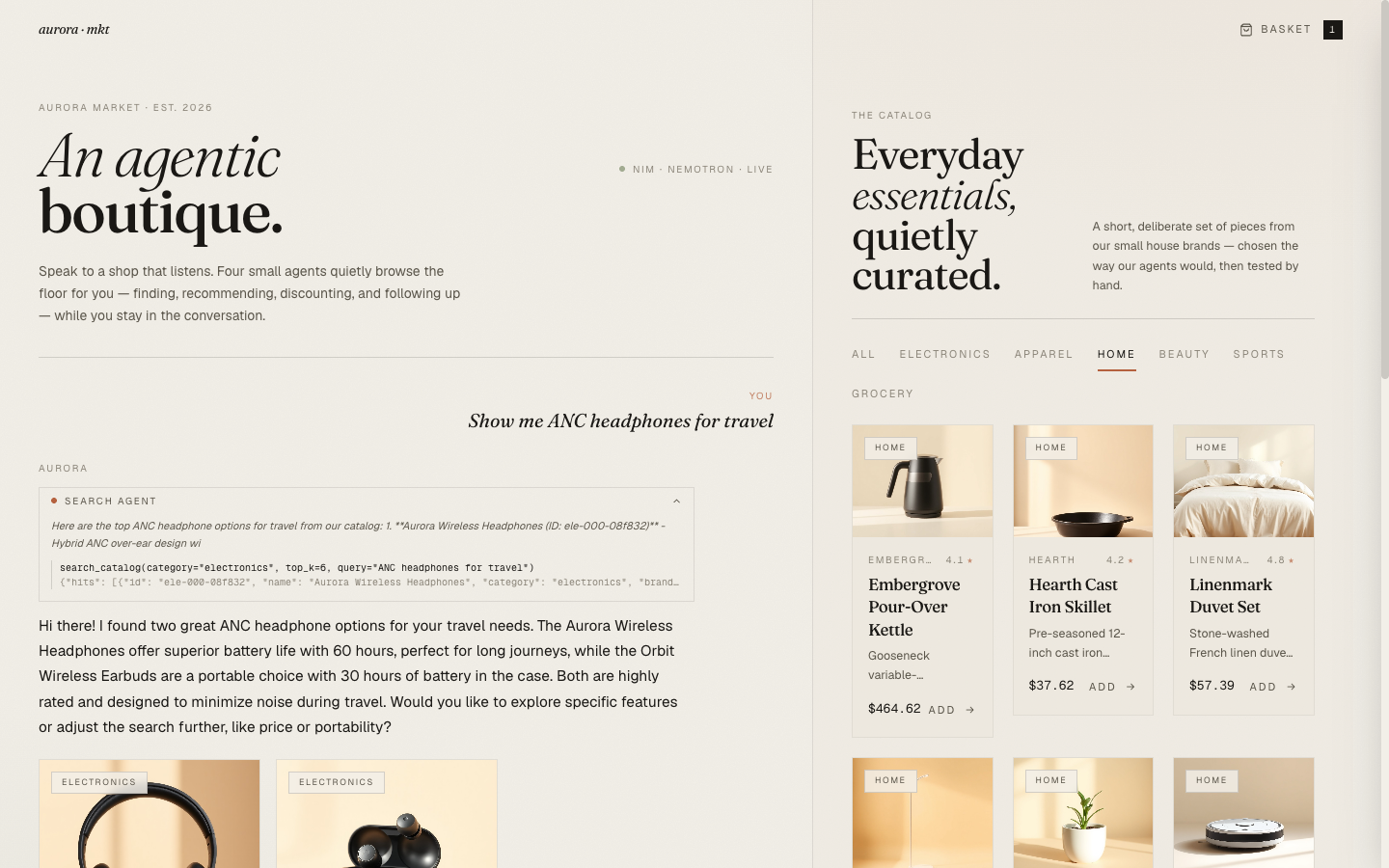 Home category — chef knife, planter, cast iron skillets, all in the same warm beige-background style