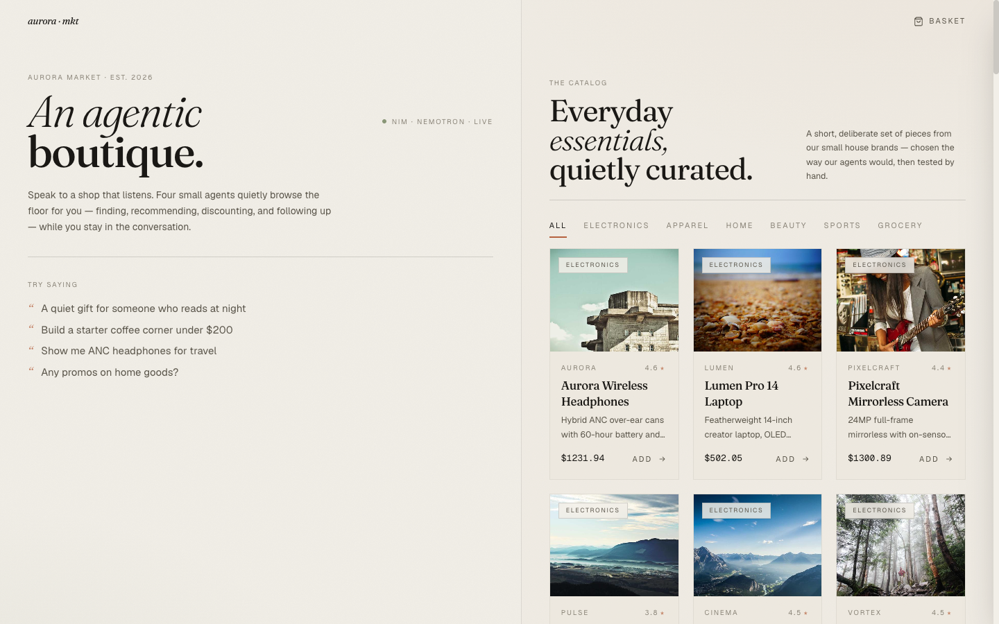 Catalog grid with picsum images — beautiful but unrelated nature scenes for every product