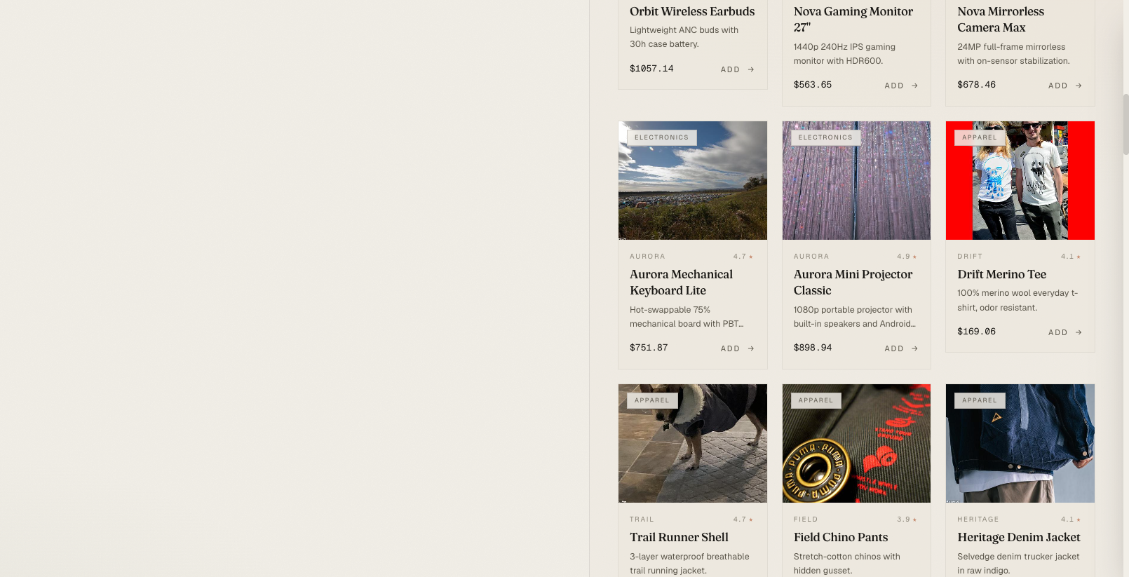 LoremFlickr era — keyword-relevant photos but with stylistic inconsistency: some are studio shots, some are people wearing the item, some are stock catalog scenes