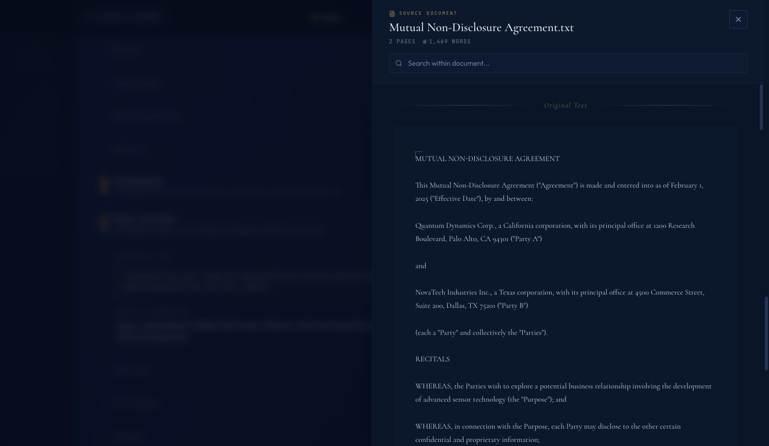 Document viewer drawer showing the full contract text