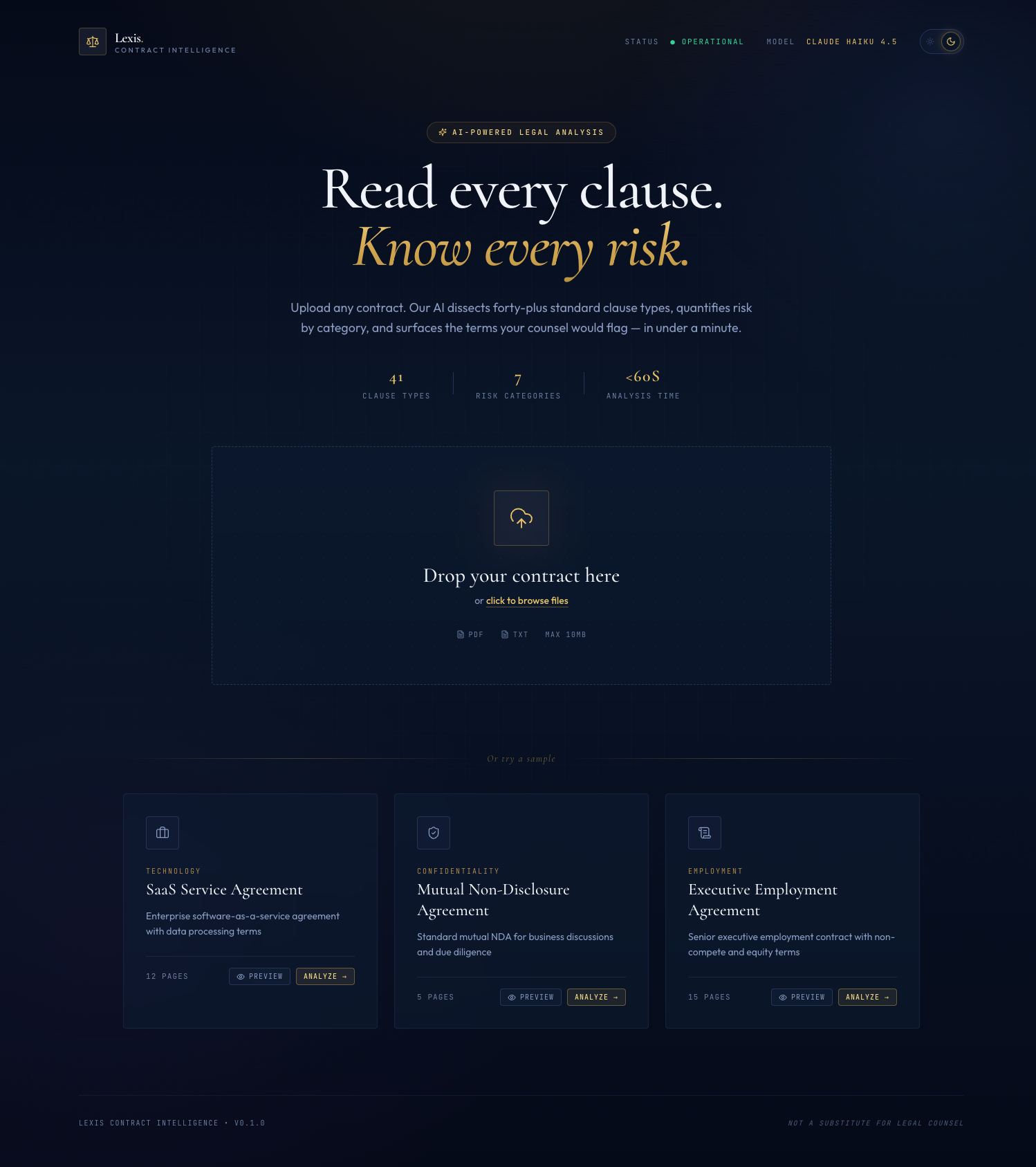 Contract Analyzer landing page — dark theme