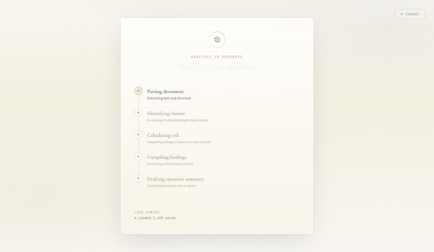 Loading state with shimmer text and step timeline